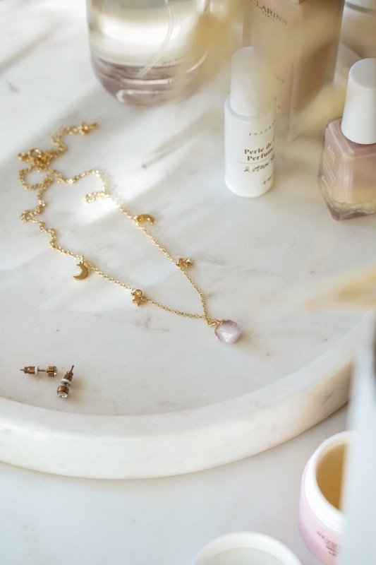 Gold Tone Rose Quartz Pendant Moon & Star Pendant Necklace - Necklaces - British D'sire