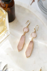 Gold Tone Rose Quartz Slice Pendant Earrings - Earrings - British D'sire