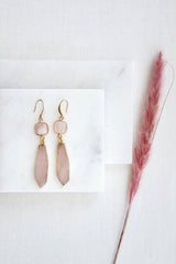 Gold Tone Rose Quartz Slice Pendant Earrings - Earrings - British D'sire