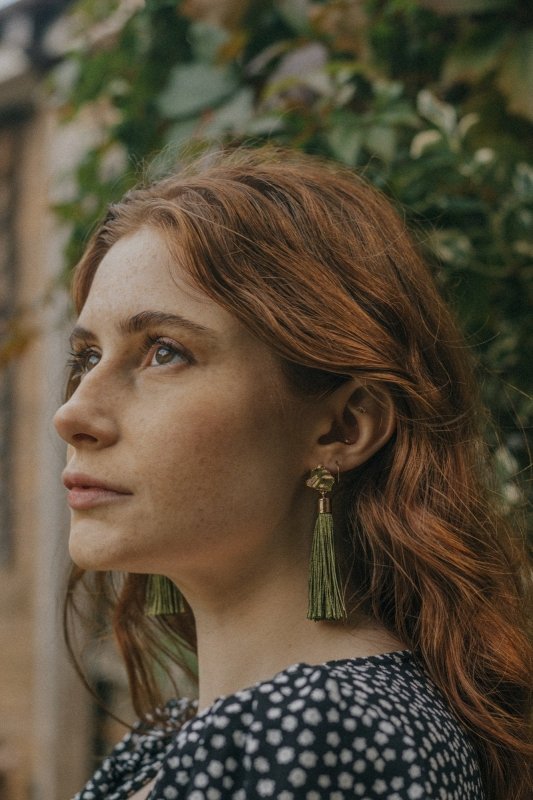 Xander Kostroma Gold Tone & Sage Green Tassel Drop Earrings – 8cm, Handmade Boho Jewelry, Lightweight Statement Earrings, Sustainable Fashion, Ideal for Casual & Evening Wear Secondary image