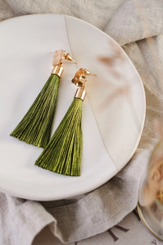 Gold Tone & Sage Green Tassel Drop Earrings - Earrings - British D'sire Main image