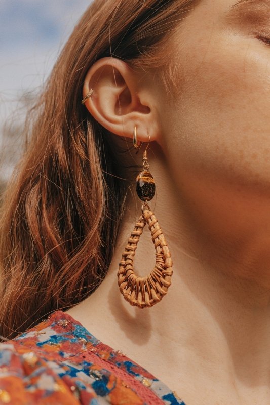 Gold Tone Tear Drop Rattan Tigers Eye Earrings - Earrings - British D'sire