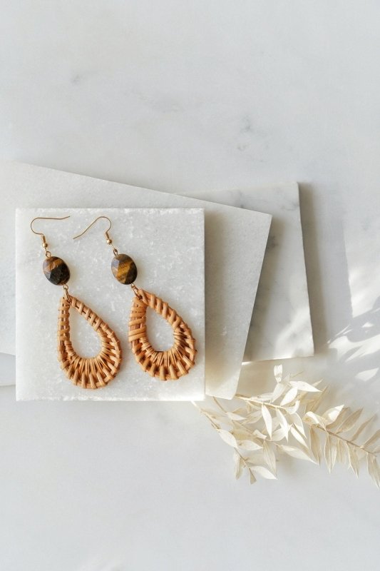 Xander Kostroma Gold Tone Tear Drop Rattan Tiger's Eye Earrings - Handmade Boho Jewelry, Natural Rattan & Crystal, 9 cm Drop, Healing & Protection, Stylish Earrings for Women Secondary image