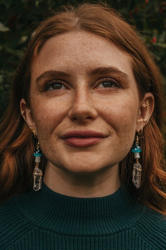 Gold Tone Turquoise Mushroom & Raw Quartz Earrings - Earrings - British D'sire Main image