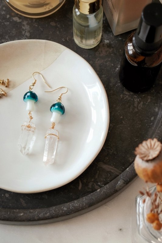 Xander Kostroma - Gold Tone Turquoise Mushroom & Raw Quartz Earrings for Women - Enhances Healing and Style - Handcrafted Unique Jewelry - 7cm Length - Perfect Gift for Elegance and Balance Secondary image