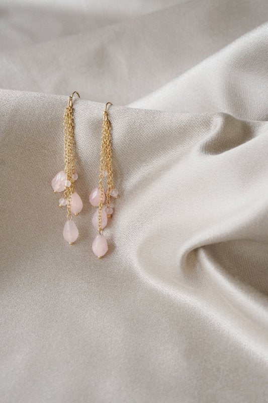 Gold Tone Waterfall Rose Quartz Layer Earrings - Earrings - British D'sire Main image