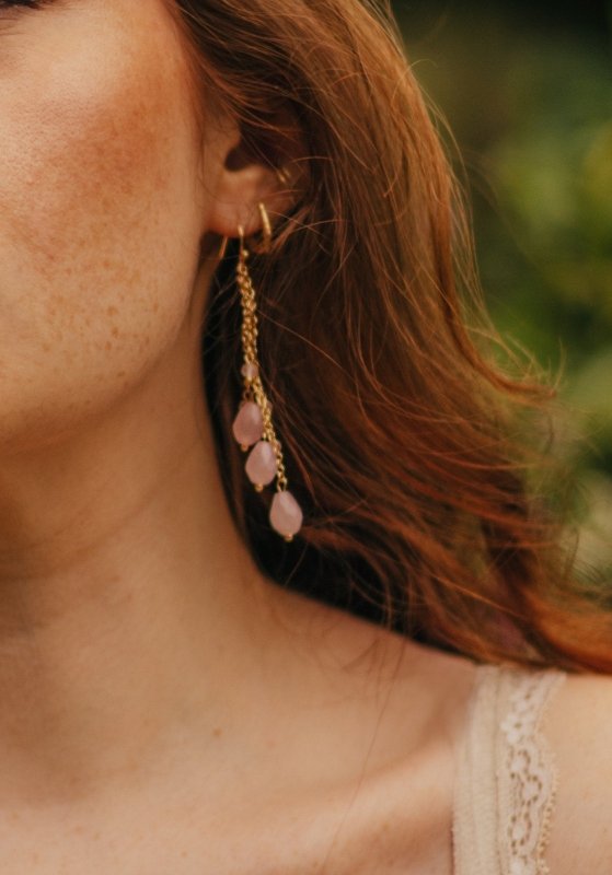 Xander Kostroma -Gold Tone Waterfall Rose Quartz Layer Earrings (7cm Drop)–14ct Gold-Plated Fishhook –For Inner healing & Positive energy Secondary image