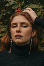 Gold Tone XL Mushroom & Quartz Tassel Drop Hoop Earrings - Earrings - British D'sire