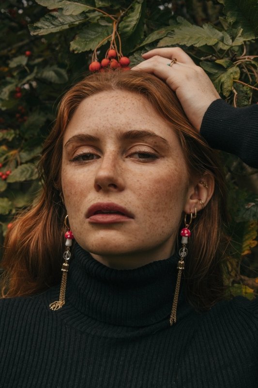 Gold Tone XL Mushroom & Quartz Tassel Drop Hoop Earrings - Earrings - British D'sire