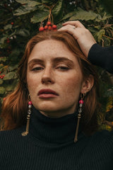 Gold Tone XL Mushroom & Quartz Tassel Drop Hoop Earrings - Earrings - British D'sire