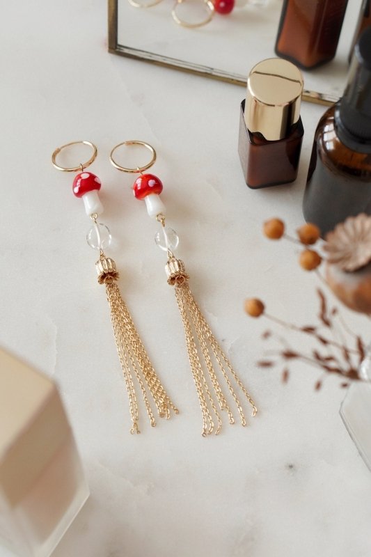 Gold Tone XL Mushroom & Quartz Tassel Drop Hoop Earrings - Earrings - British D'sire