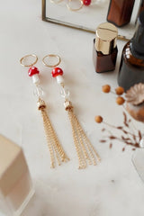 Gold Tone XL Mushroom & Quartz Tassel Drop Hoop Earrings - Earrings - British D'sire