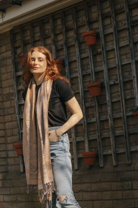 Gold Vintage Lace and Paisley Pashmina with Tassels - Scarves & Snoods - British D'sire