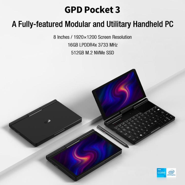 GPD Pocket 3 Handheld PC, 16GB+512GB, 8 inch Windows 11 Home Intel Core i3 - 1125G4, US Plug - British D'sire