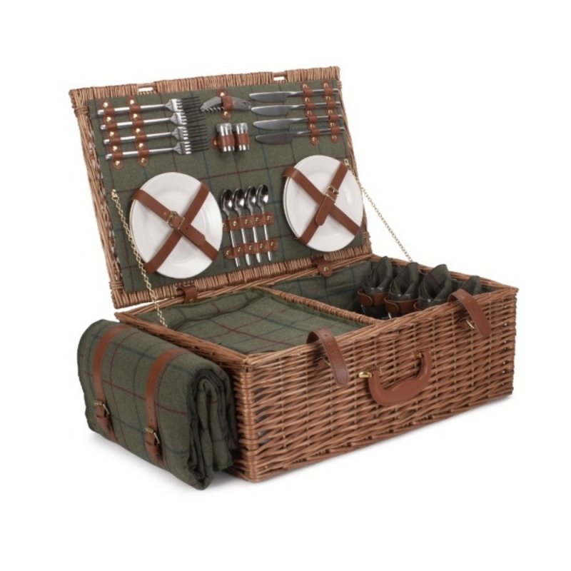 Green Tweed Fitted Wicker Picnic Basket - Fitted Picnic Baskets - British D'sire Main image