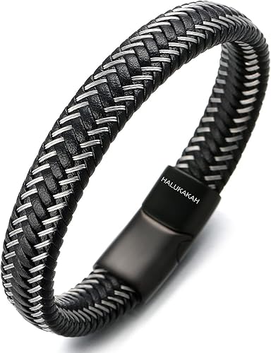 HALUKAKAH ● Jazz ● Men's Genuine Leather Bracelet Titanium Magnetic Clasp Size Adjustable 8.5" - 9"(21.5 - 23cm) with Free Giftbox - Bracelets - British D'sire