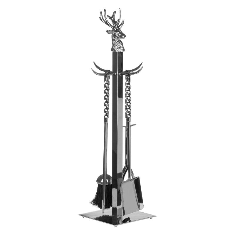 Hand Turned Stag Companion Set In Polished Nickel - Fireplace Accessories - British D'sire