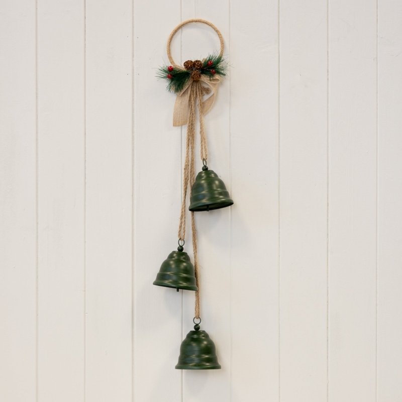 Hanging Trio of Green Christmas Bells on Decorative Hoop - Christmas Decor - British D'sire