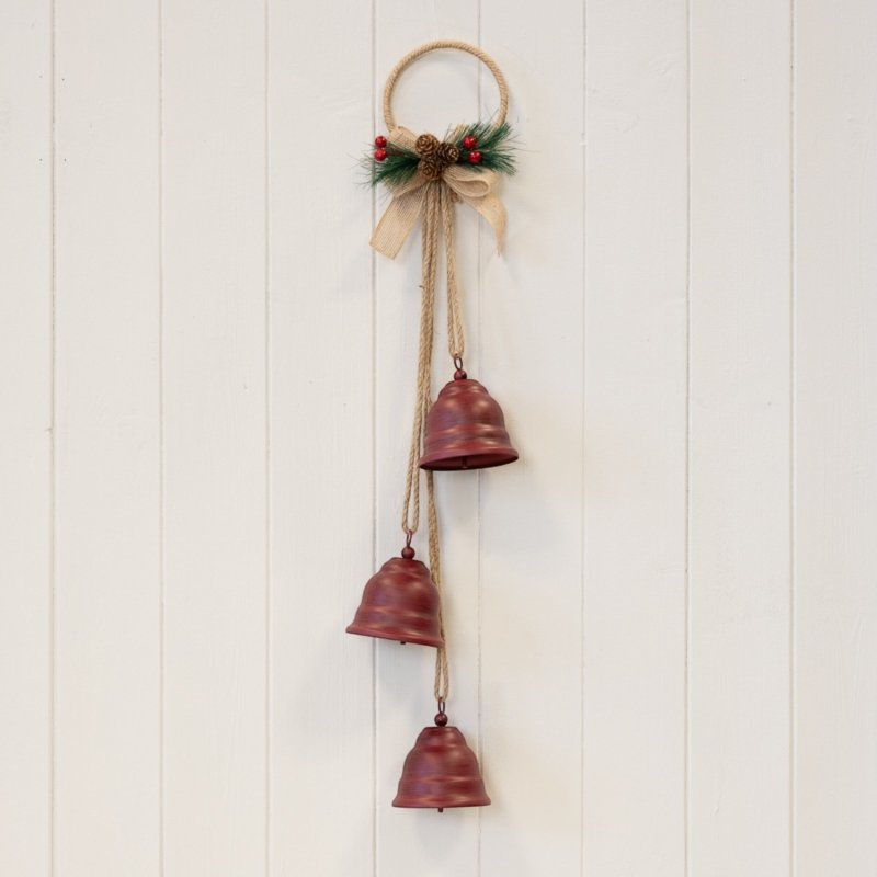 Hanging Trio of Red Christmas Bells on Decorative Hoop - Christmas Decor - British D'sire