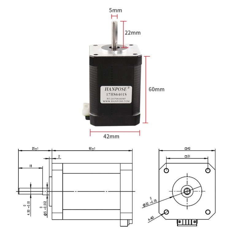 HANPOSE 17HS6401S 12V 1.7A 60mm 70N.cm 4 - lead Stepper Motor - British D'sire
