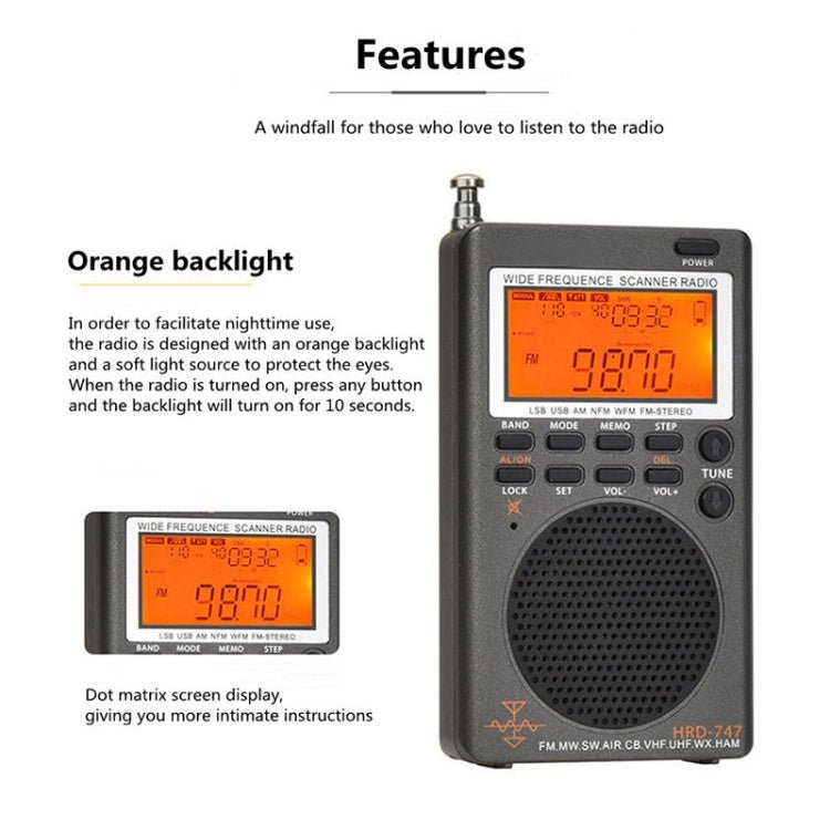 HanRongda HRD - 747 Portable Full Band Digital Display High - Frequency Receiving Radio(Silver Gray) - British D'sire