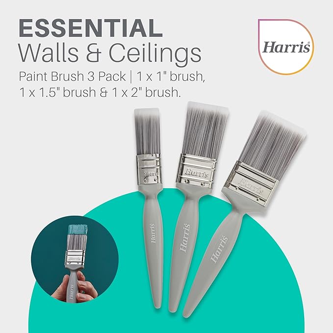 Harris Essentials Walls & Ceilings Paint Brushes, 3 Brush Pack, 1", 1.5", 2",Grey - Bristle Brushes - British D'sire Main image