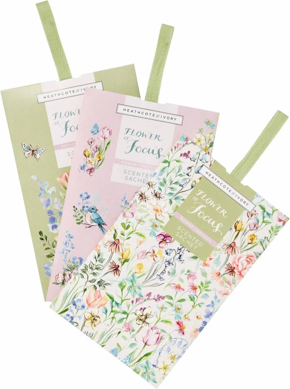 Heathcote & Ivory Flower of Focus 3 Scented Sachets | Freshen Spaces Around The Home | Enriched With Essential Oils | Cruelty Free & Vegan Friendly - scented sachets - British D'sire Main image
