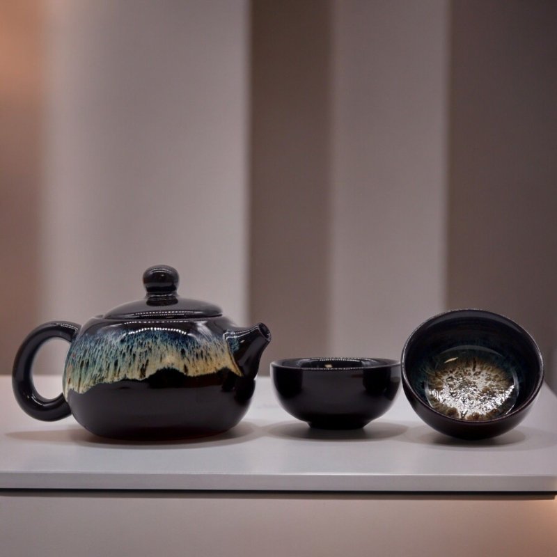 Herbal Black Glaze Teapot Set - Pot & Two Cups - Herbal Teapot Set - British D'sire
