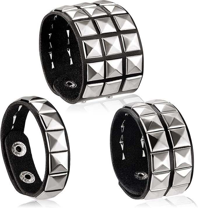 Hicarer 3 Pieces Leather Studded Punk Bracelet for Men Women 80s Studded Wristband Goth Punk Rock Bracelet Spike Rivet Cuff Bangle Unisex Metal for Halloween Party Favors Accessories - Women's Bracelets - British D'sire Main image
