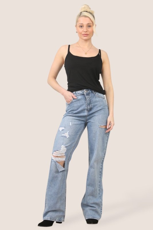 High Rise Distressed Boyfriend Jeans – Vintage Wash | Relaxed Fit Denim - Jeans - British D'sire