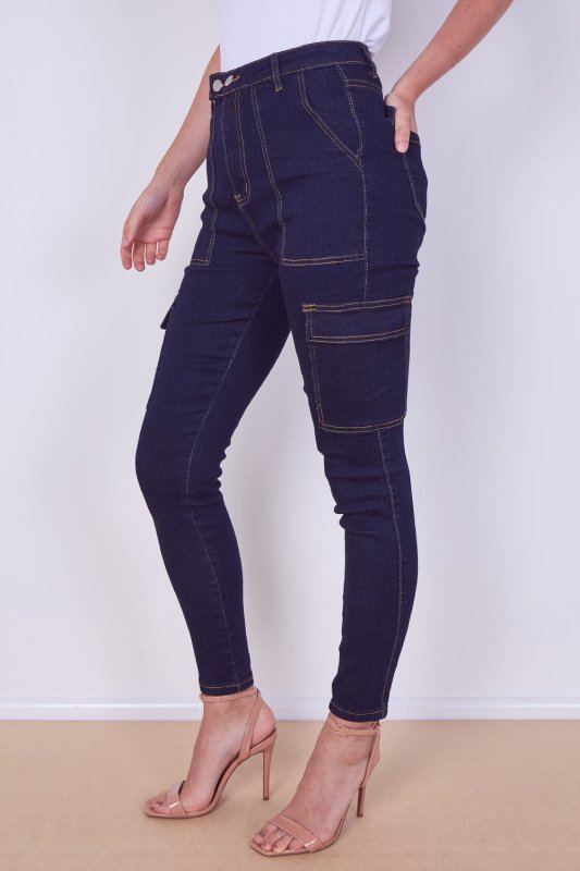 High Waist Cargo Skinny Jeans – Dark Indigo | 6 Pocket Stretch Denim - Jeans - British D'sire