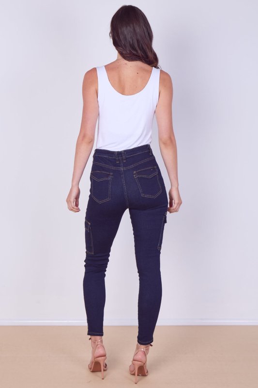 High Waist Cargo Skinny Jeans – Dark Indigo | 6 Pocket Stretch Denim - Jeans - British D'sire