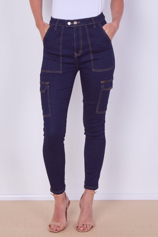 High Waist Cargo Skinny Jeans – Dark Indigo | 6 Pocket Stretch Denim - Jeans - British D'sire