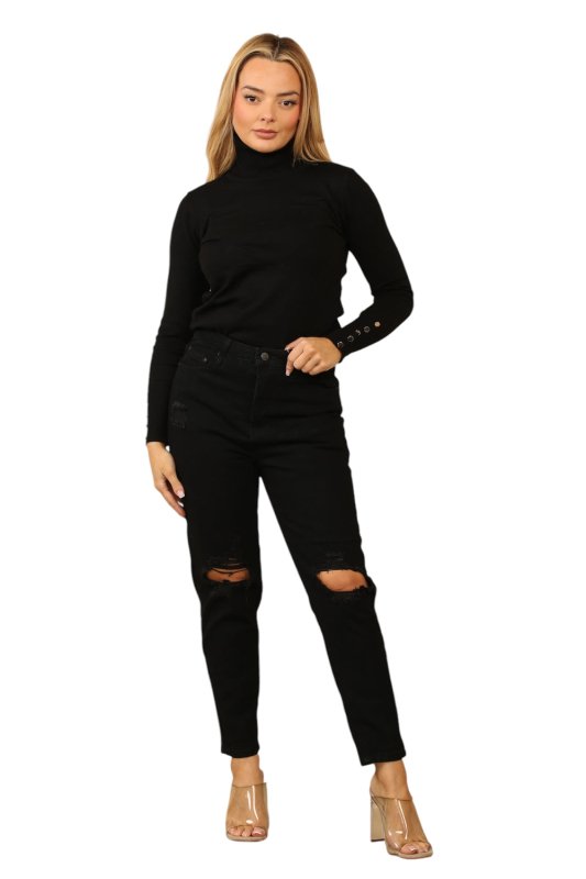 High - Waisted Distressed Mom Jeans – Black - Jeans - British D'sire