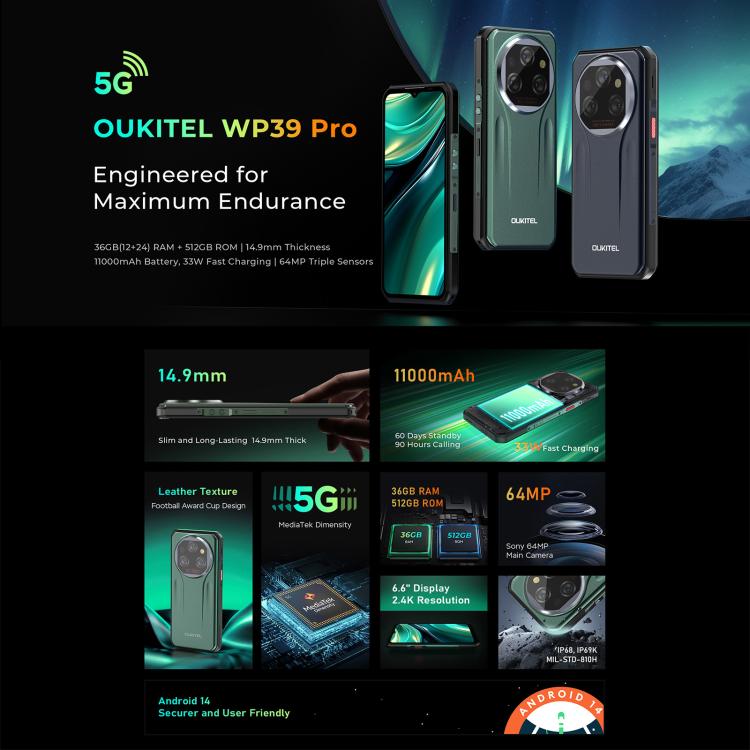 [HK Warehouse] Oukitel WP39 Pro 5G Rugged Phone, 12GB+512GB, Night Vision, Fingerprint Identification, 6.6 inch Android 14 MediaTek Dimensity 6300 Octa Core, NFC, OTG, Network: 5G (Green) - British D'sire