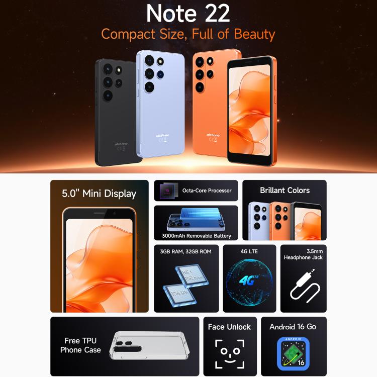 [HK Warehouse] Ulefone Note 22, 3GB+32GB, 5.0 inch Android 16 Go Unisoc T7100 Octa Core, Network: 4G, OTG (Black) - British D'sire