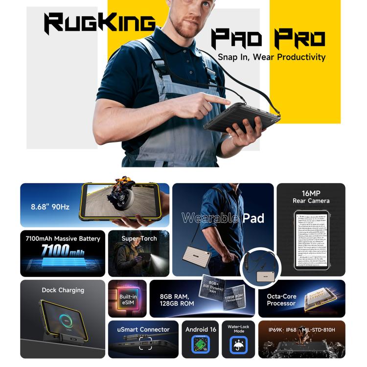 [HK Warehouse] Ulefone Rugking Pad Pro Rugged Tablet PC, 8GB+128GB, 8.68 inch Android 16 Unisoc T7250 Octa Core 4G Network, EU Plug (Black) - British D'sire