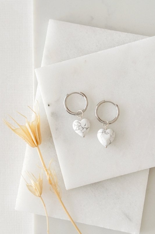 Xander Kostroma - Howlite Heart Hoop Earrings - Handcrafted 925 Sterling Silver - Enhances Spirituality and Intuition - Unique Women's Jewelry - 4cm Length - Perfect Gift for Elegance and Style Secondary image