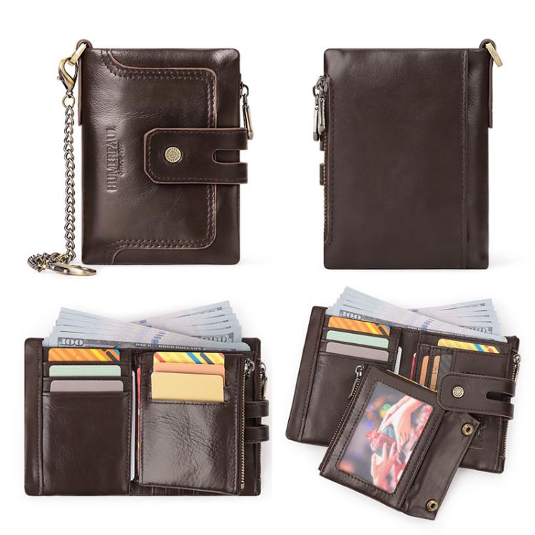 HUMERPAUL BP778 Short Leather Wallet RFID Tri - fold Double Zipper Coin Purse(Brown) - British D'sire