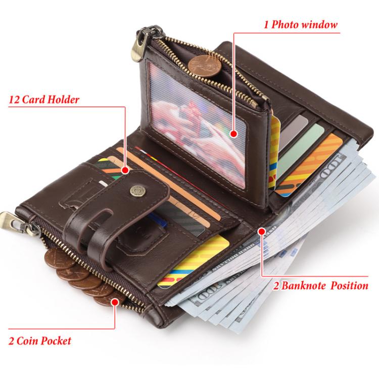 HUMERPAUL BP778 Short Leather Wallet RFID Tri - fold Double Zipper Coin Purse(Brown) - British D'sire