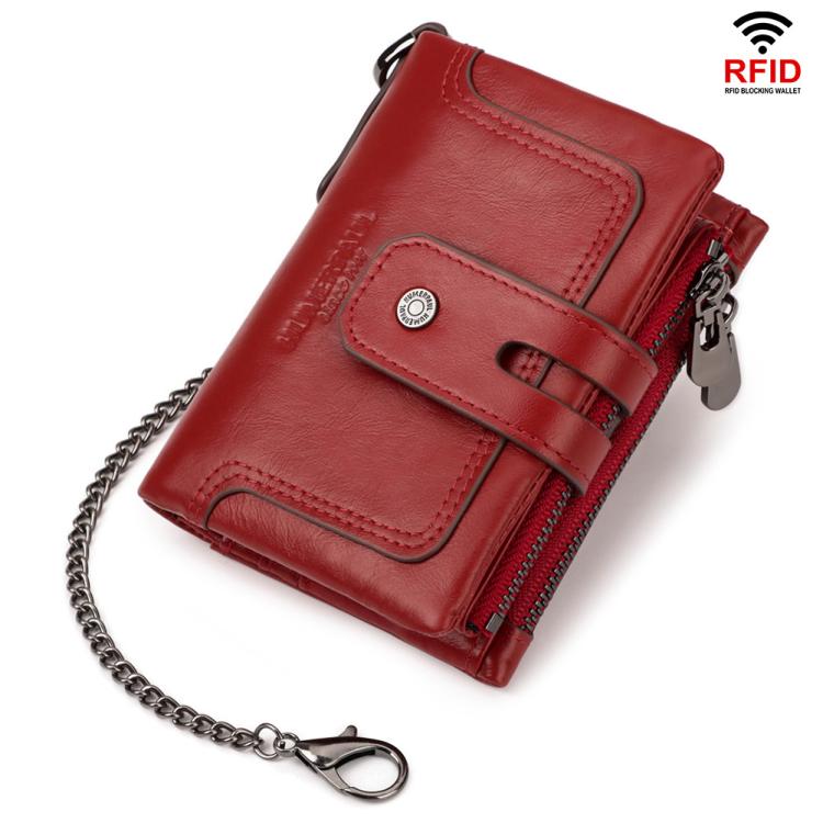 HUMERPAUL BP778 Short Leather Wallet RFID Tri - fold Double Zipper Coin Purse(Red) - British D'sire Main image