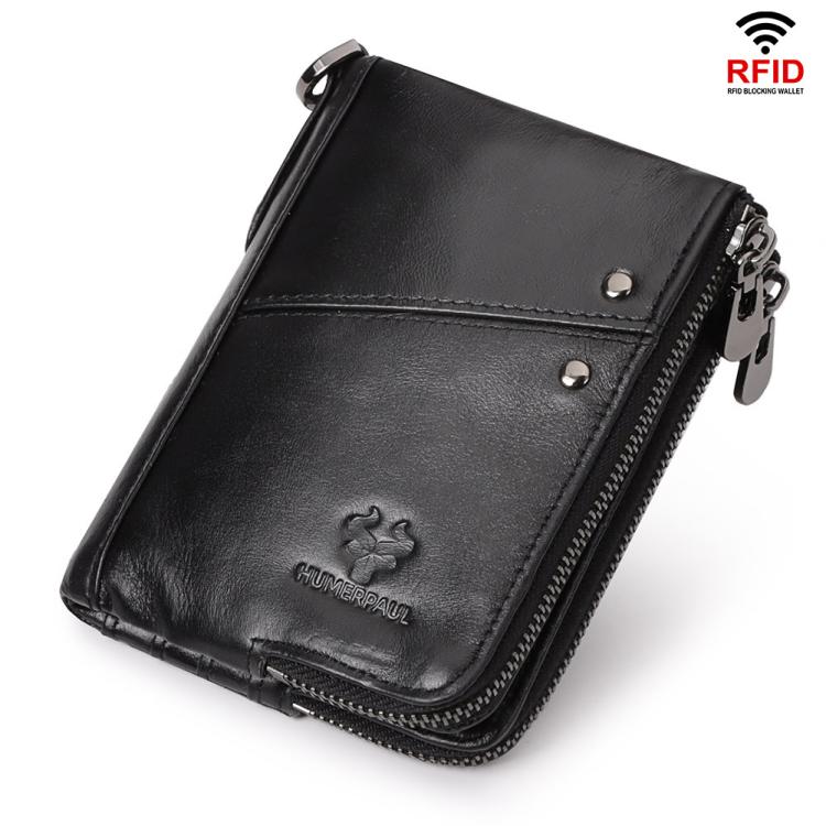 HUMERPAUL BP852 RFID Leather Anti - Theft Wallet Short Double Zipper Wallet(Black) - British D'sire Main image