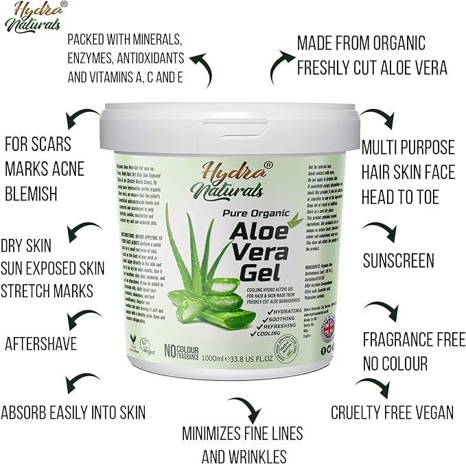 Hydra Naturals Aloe Vera Gel for Hair, Skin, Face, Dry Skin and Multipurpose Made From Freshly Cut Aloe Vera All-Over Head to Toe 1000ml Large XXL Size - British D'sire