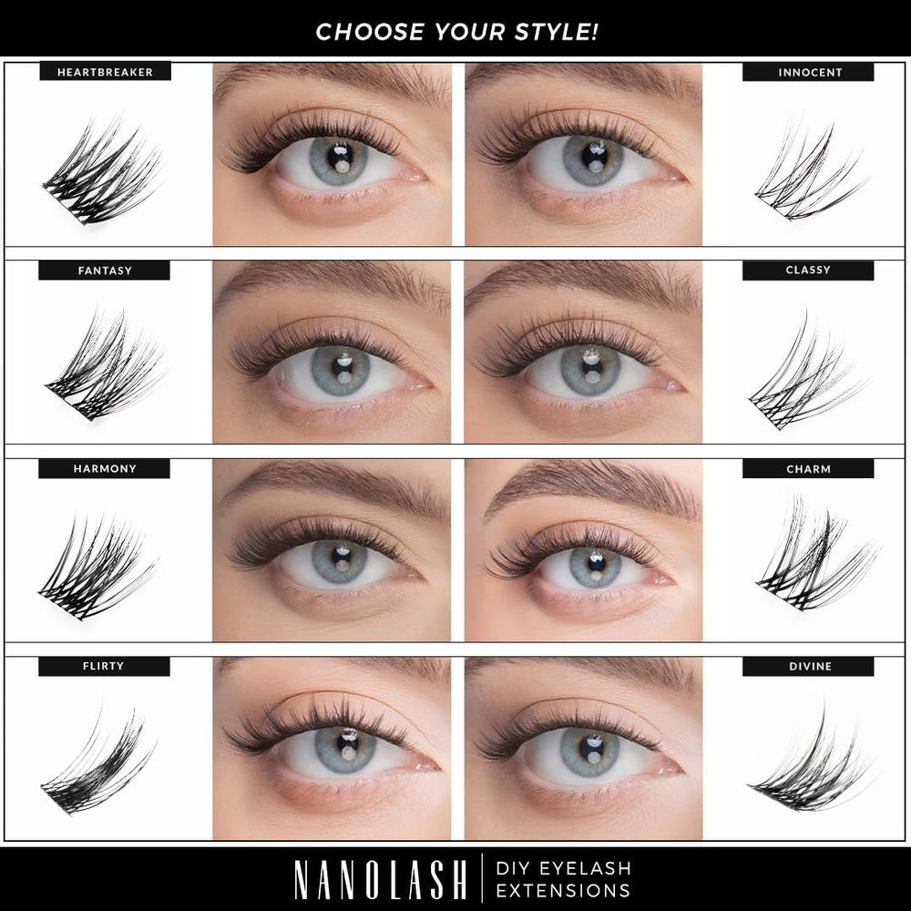 Nanolash DIY Eyelash Extensions Starter Kit - cluster lashes with bonder, sealer, remover, apllicator, home lash extensions kit (INNOCENT)