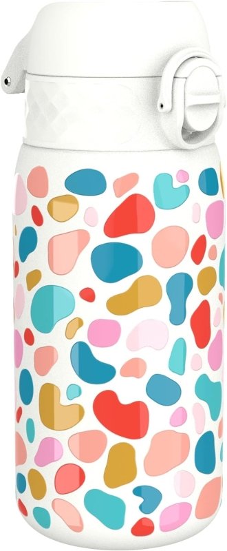 ION8 Insulated Steel Water Bottle, 320 ml/11 oz, Leak Proof, Easy to Open, Secure Lock, Dishwasher Safe, Carry Handle, Flip Cover, Metal Water Bottle, Raised Print, Stainless Steel, Splodges Design - British D'sire Main image