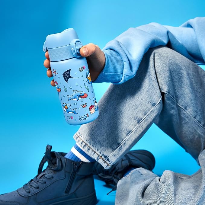 Ion8 Kids Water Bottle, Steel 400 ml/13 oz, Leak Proof, Easy to Open, Secure Lock, Dishwasher Safe, Flip Cover, Carry Handle, Easy Clean, Durable, Metal Water Bottle, Raised Print, Sharks Design - British D'sire