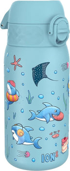 Ion8 Kids Water Bottle, Steel 400 ml/13 oz, Leak Proof, Easy to Open, Secure Lock, Dishwasher Safe, Flip Cover, Carry Handle, Easy Clean, Durable, Metal Water Bottle, Raised Print, Sharks Design - British D'sire