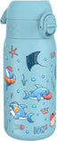 Ion8 Kids Water Bottle, Steel 400 ml/13 oz, Leak Proof, Easy to Open, Secure Lock, Dishwasher Safe, Flip Cover, Carry Handle, Easy Clean, Durable, Metal Water Bottle, Raised Print, Sharks Design - British D'sire