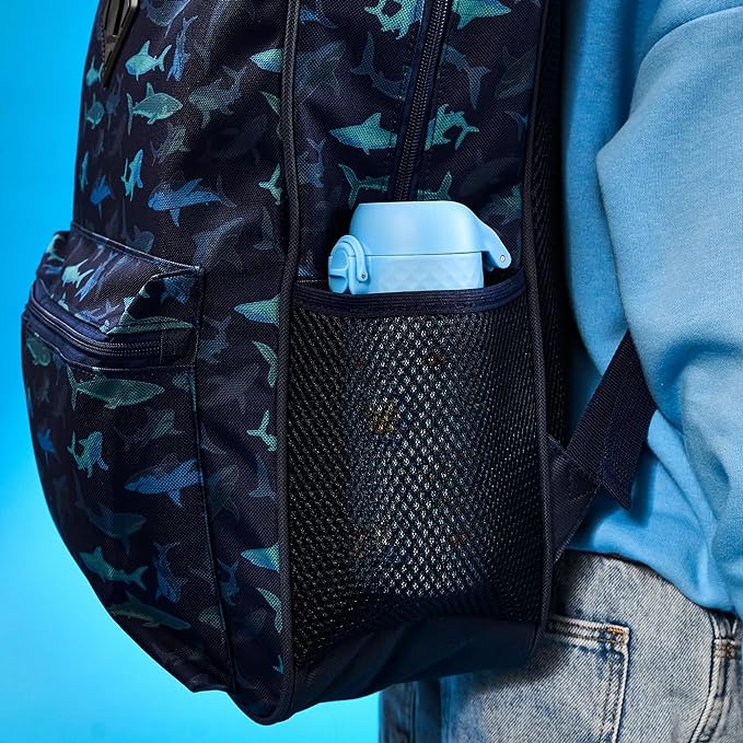 Ion8 Kids Water Bottle, Steel 400 ml/13 oz, Leak Proof, Easy to Open, Secure Lock, Dishwasher Safe, Flip Cover, Carry Handle, Easy Clean, Durable, Metal Water Bottle, Raised Print, Sharks Design - British D'sire