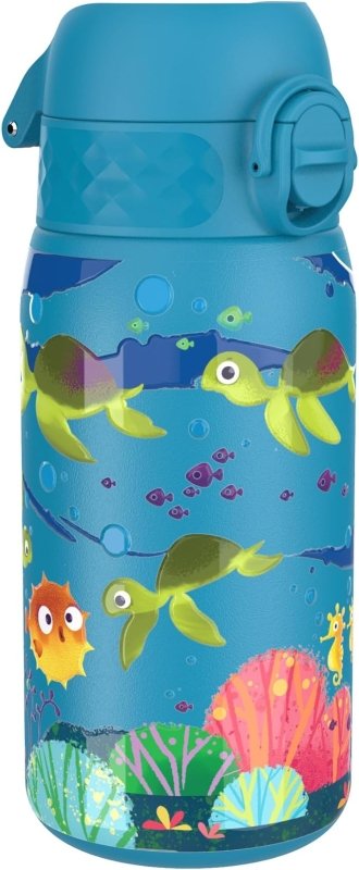Ion8 Kids Water Bottle, Steel 400 ml/13 oz, Leak Proof, Easy to Open, Secure Lock, Dishwasher Safe, Flip Cover, Carry Handle, Easy Clean, Durable, Metal Water Bottle, Raised Print, Sea Turtle Design - British D'sire Main image